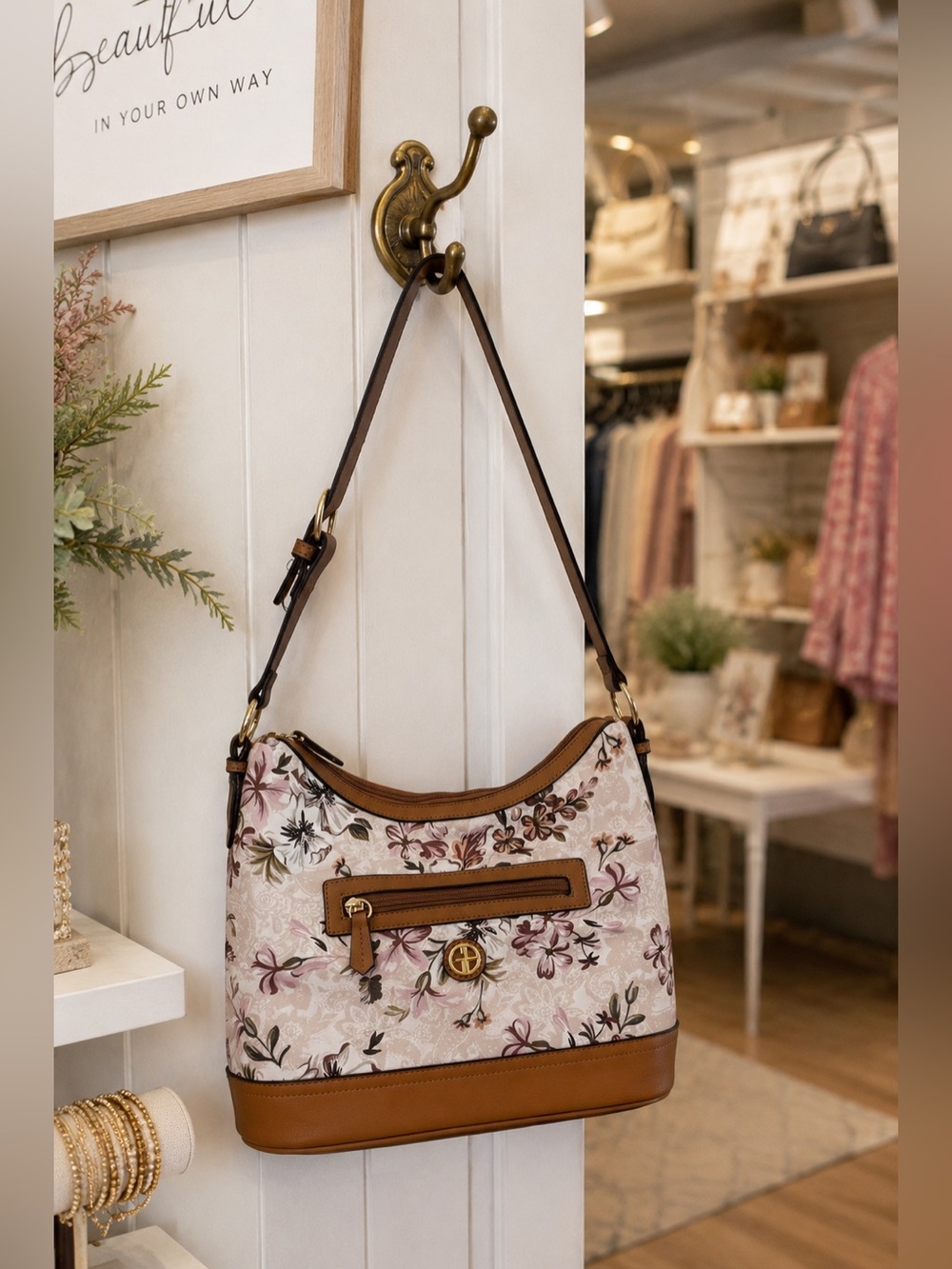 Giani Bernini Floral Print Shoulder Bag Blush Pink Brown Hobo Purse - Picture 2 of 13